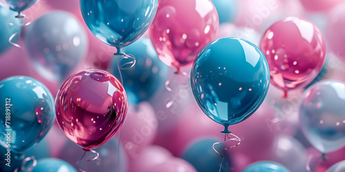 Birthday Balloon, celebrate fisrt birthday of your baby girl, an arrangement of helium-filled balloons, pastel pink and blue balloons, copy space, festive, happy Birthday background , party , 