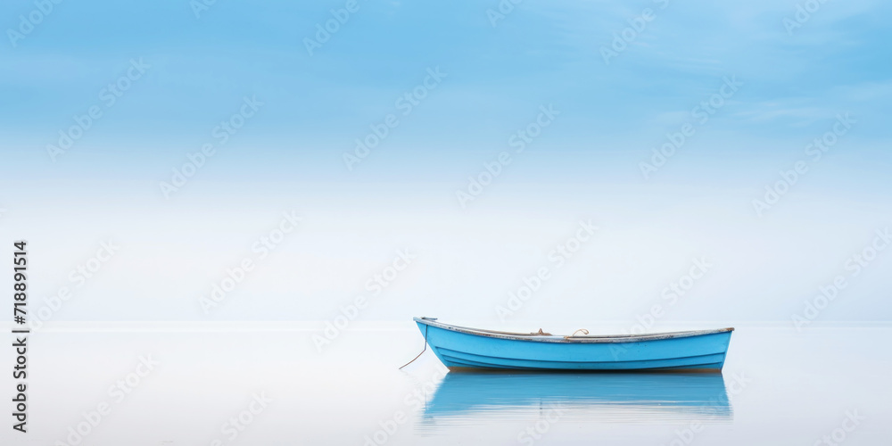 Blue boat in a calm sea waters near a beachline. Calm, tranquil landscape. Generative AI