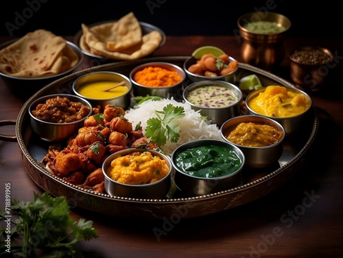 Indian cuisine thali on a table with different Indian foods