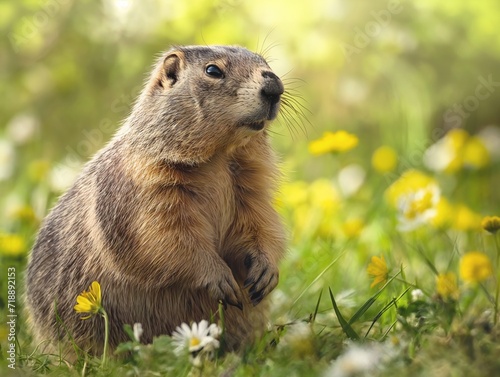 A groundhog in a spring yellow flower field rejoices in the spring.