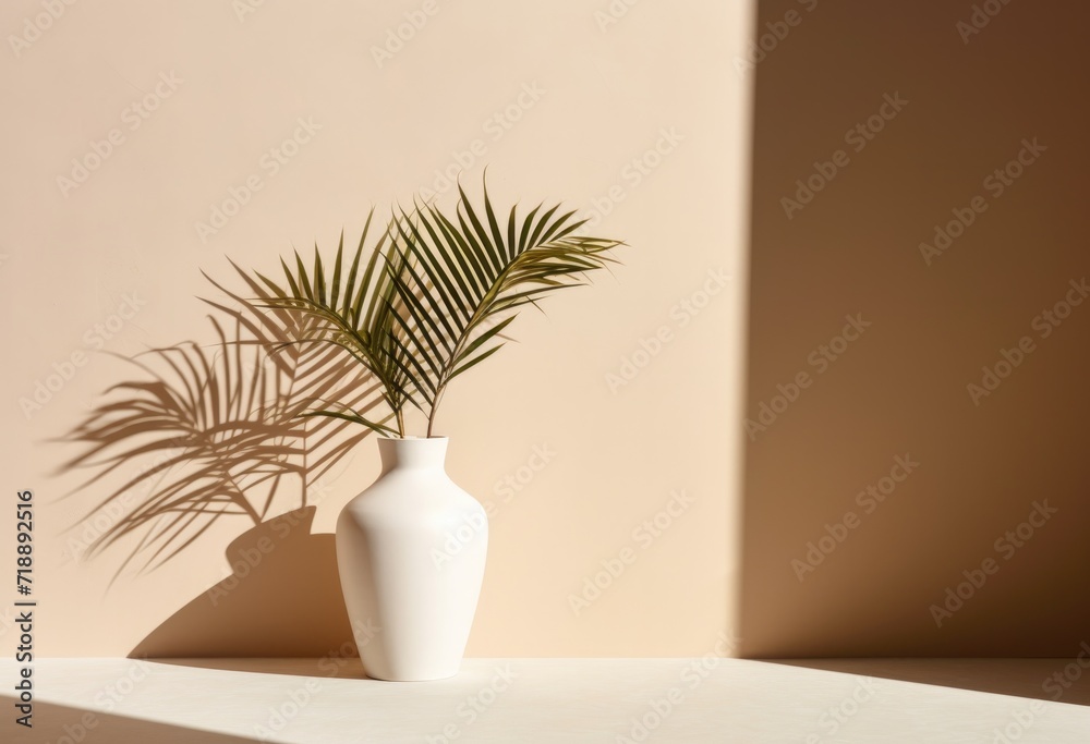 a white vase with palm tree outdoors near wall, in the style of light brown and light beige, minimalist backgrounds a white vase with palm tree outdoors near wall, in the style of light brown and light beige, minimalist backgrounds