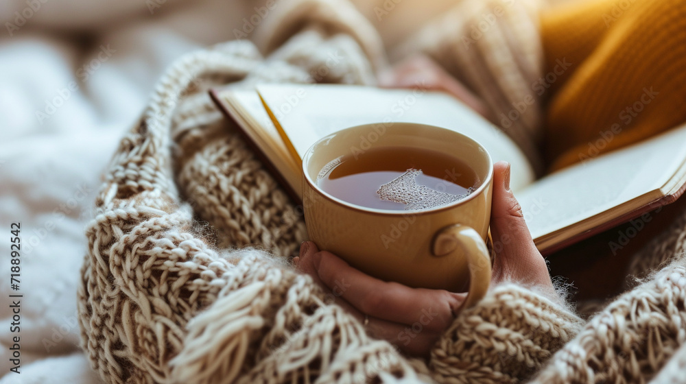 A close-up of a person's hands holding a mug of hot tea, surrounded by a blanket and a book, creating a serene and comforting moment during a beautiful morning at home. A close-up of a person's hands holding a mug of hot tea, surrounded by a blanket and a book, creating a serene and comforting moment during a beautiful morning at home.