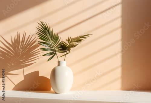 a white vase with palm tree outdoors near wall  in the style of light brown and light beige  minimalist backgrounds