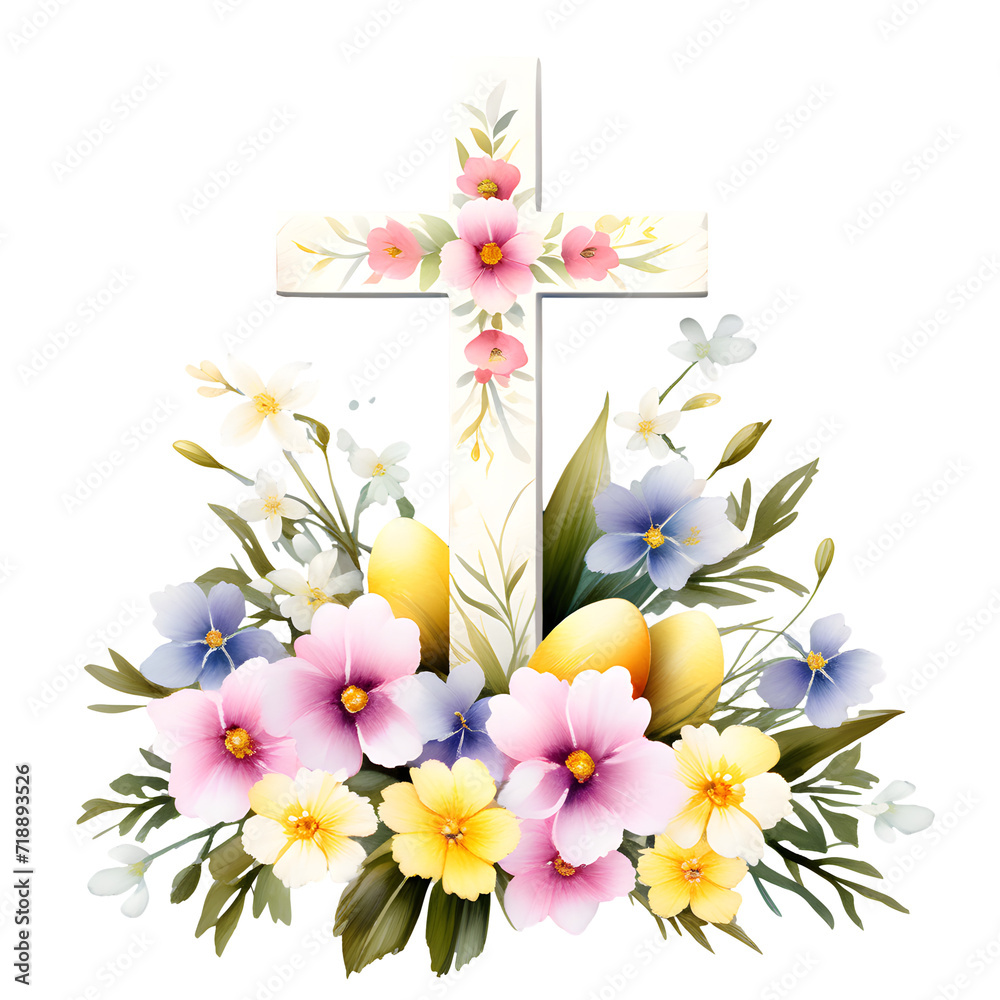Watercolor floral Easter cross. Ai generated PNG transparent illustration. 
