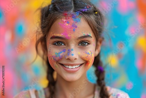 Colorful Celebration: A Young Girl Smiles for the Camera with Face Paint and Hair Ties Generative AI