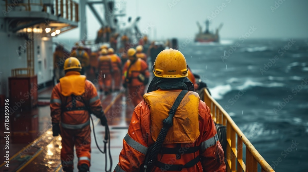 A tense moment captured as oil rig workers conduct an emergency drill, displaying teamwork and urgency, with safety equipment and the ocean backdrop A tense moment captured as oil rig workers conduct an emergency drill, displaying teamwork and urgency, with safety equipment and the ocean backdrop