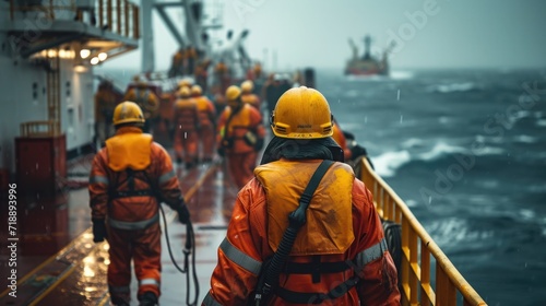 A tense moment captured as oil rig workers conduct an emergency drill, displaying teamwork and urgency, with safety equipment and the ocean backdrop