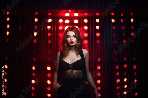 Sexy dance girl in a erotic dress posing in dark neon night club, neon lights, background with a copy space. Sensual woman posing at night club. 