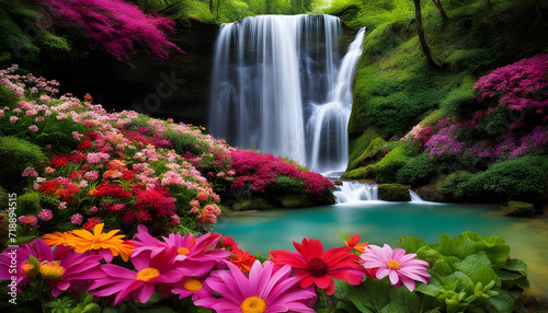 waterfall in the park of flowers