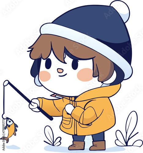 A cute child fishing in winter