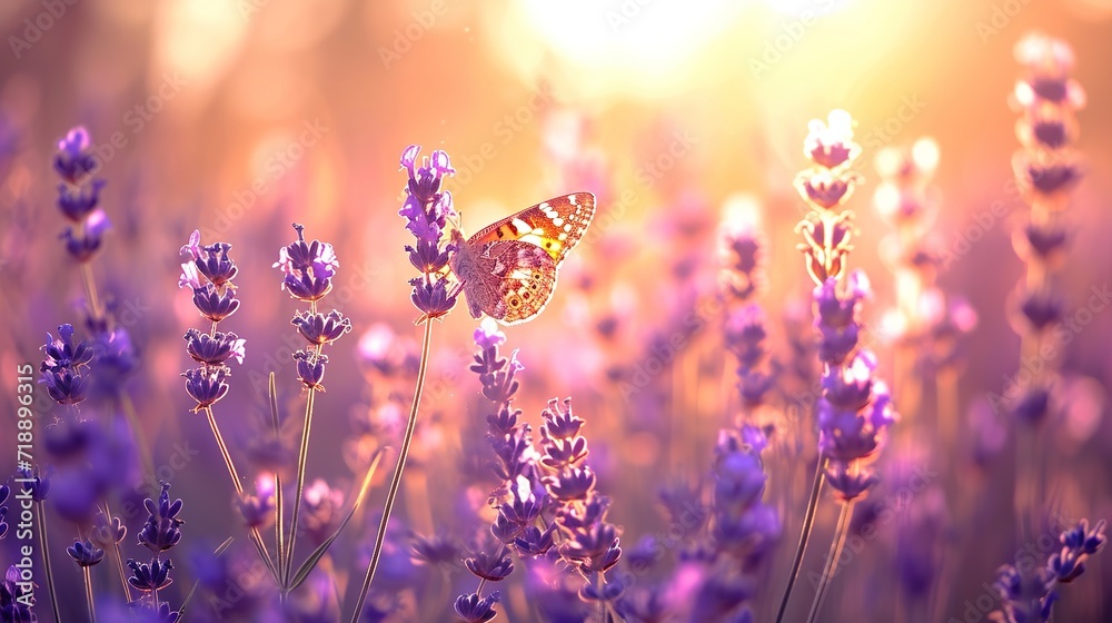 Obraz premium Wide field of lavender and butterfly in summer sunset, panorama background.