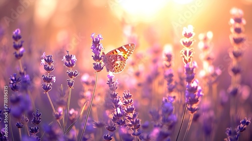 Wide field of lavender and butterfly in summer sunset  panorama background.