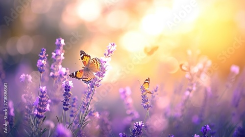 Wide field of lavender and butterfly in summer sunset, panorama background.