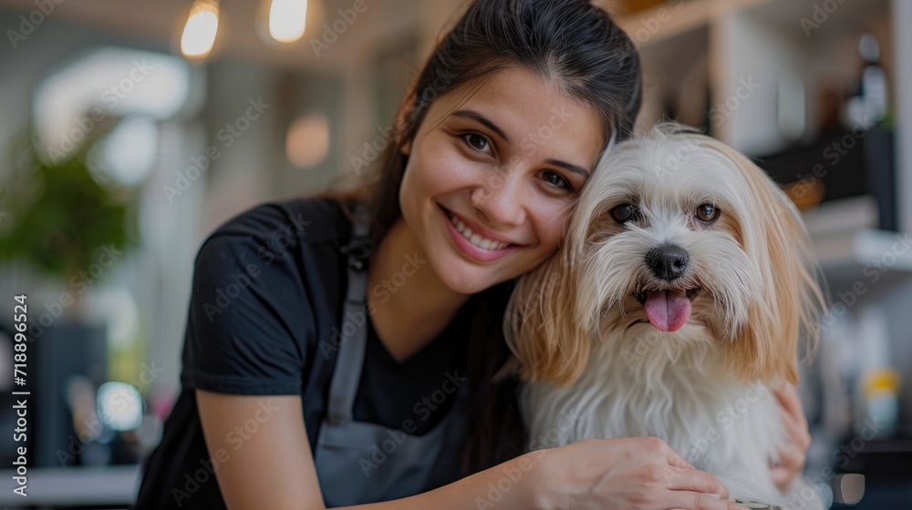 Dog hair cutting. woman cutting hair of dog in a grooming salon
