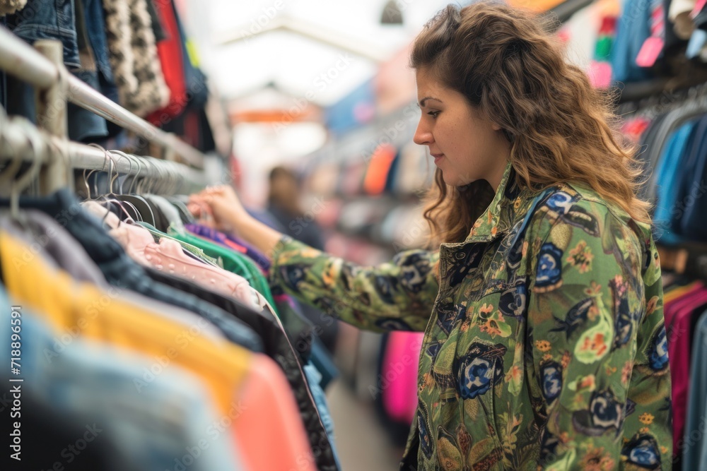Young woman with curly hair selecting clothes from a bustling street market stall. A female shopper at the Thrift store looking at the clothes mock up
