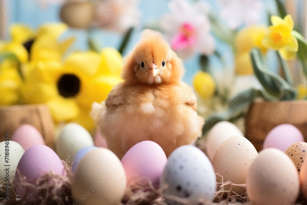 A fluffy chick sits among pastel-colored Easter eggs, surrounded by the bright yellows of spring daffodils, capturing the essence of rebirth.