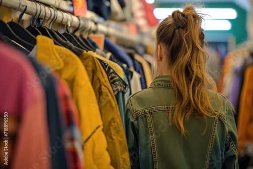 Young Woman Selecting Jacket at Thrift Shop A female shopper at the Thrift store looking at the clothes copy space photo