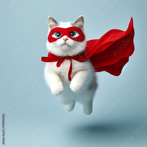 superhero cat  Cute white kitty with a red cloak and mask jumping and flying on light blue background with copy space. The concept of a superhero  super cat  leader  funny animal studio shot.