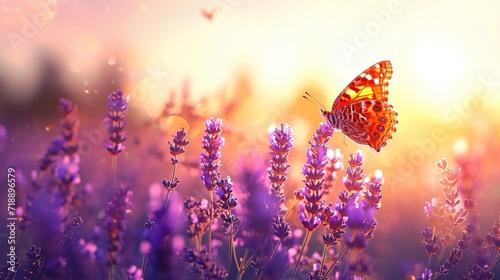 Wide field of lavender and butterfly in summer sunset, panorama background © INK ART BACKGROUND