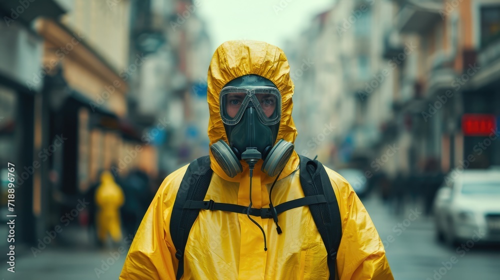 Man wearing bio hazard suits in on city streets due to pollution and contamination