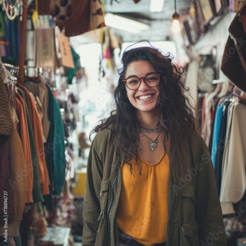 A smiling woman standing in the background of the secondhand shopping, thrift stores clear background