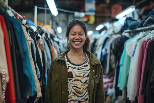 A smiling woman standing in the background of the secondhand shopping, thrift stores