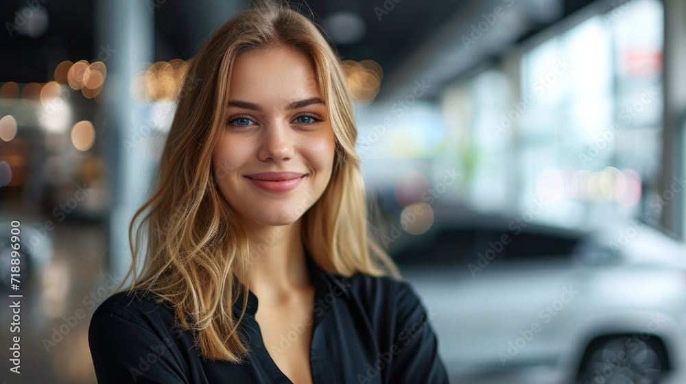 Professional car saleswoman in showroom. Auto dealership office. Car dealer business. Smiling woman in showroom Professional car saleswoman in showroom. Auto dealership office. Car dealer business. Smiling woman in showroom