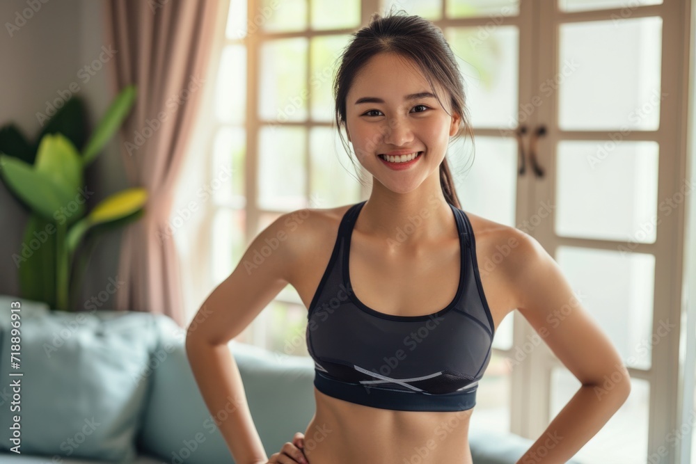 Asian healthy sportive woman wearing sportswear, smiling with happiness, standing in indoor living room at cozy home clear picture a little detail smile