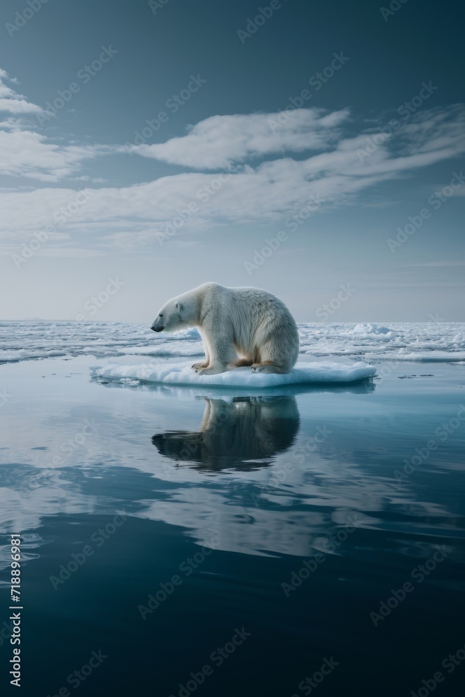 Naklejka premium A lone polar bear stands on an ice floe in the Arctic, reflecting on the water