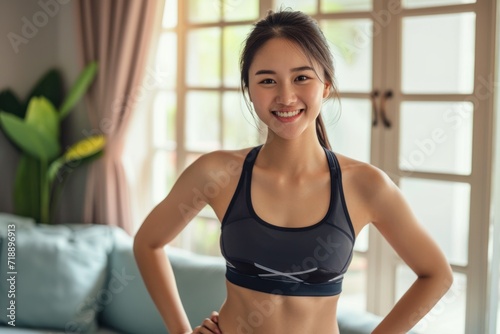 Asian healthy sportive woman wearing sportswear, smiling with happiness, standing in indoor living room at cozy home clear picture a little detail smile © Ulia