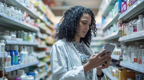 Woman using a tablet in a pharmacy