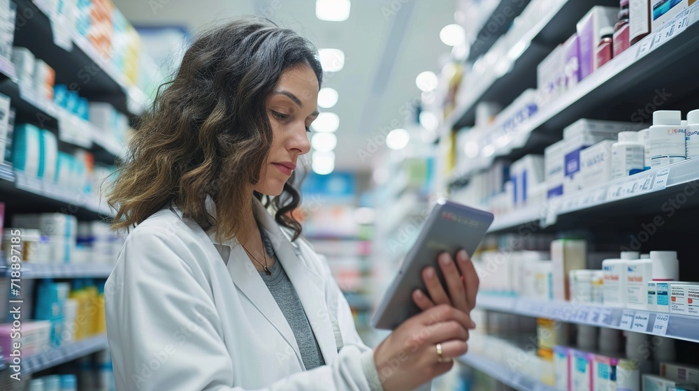 Woman using a tablet in a pharmacy