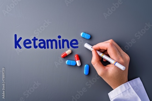 Concept of medicine. A doctor writes the word ketamine. Ketamine Capsules and Word Concept