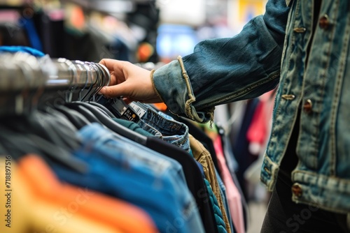 Customer paying for clothes at checkout secondhand shopping close up