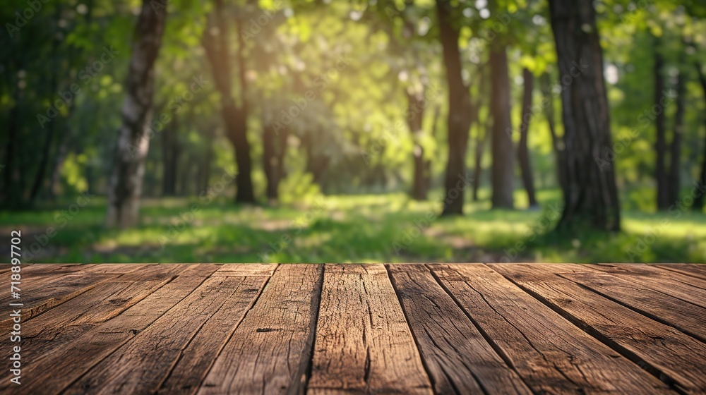 Wooden board empty table blurred background. Perspective brown wood table over blur trees forest background Wooden board empty table blurred background. Perspective brown wood table over blur trees forest background