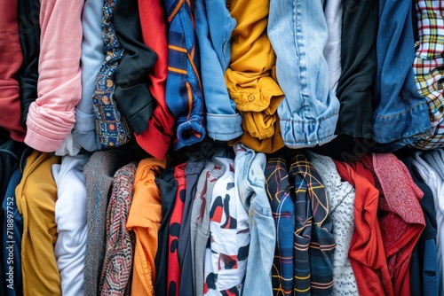 Many second hand clothes are on sale at cheap prices minimalism top view photo