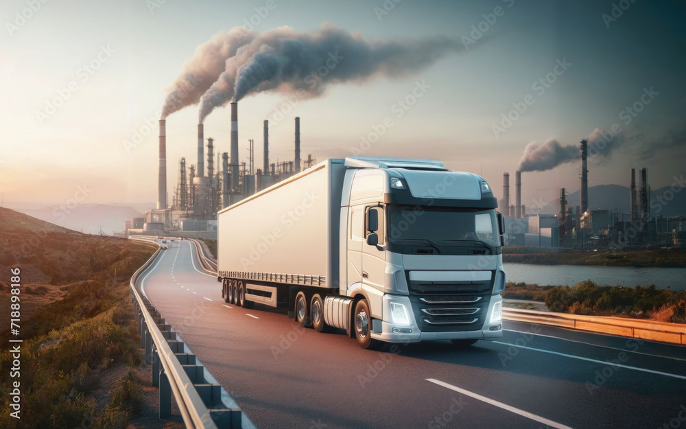 Fast moving white truck on the freeway against a background of factory pipes. A factory with smoky chimneys on the background of impressive sky