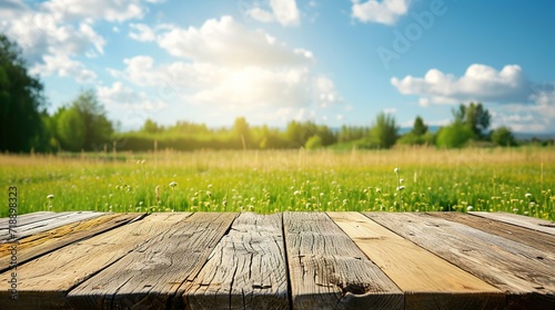 wooden table top product display with a fresh summer sunny blue sky with warm bokeh background