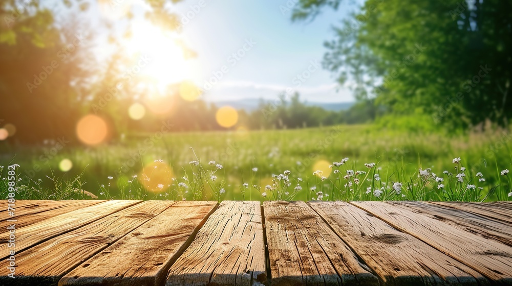 wooden table top product display with a fresh summer sunny blue sky with warm bokeh background with green grass meadow foreground - obrazy, fototapety, plakaty 