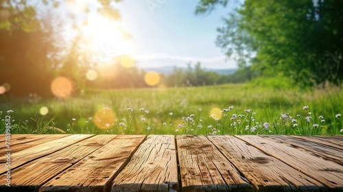 wooden table top product display with a fresh summer sunny blue sky with warm bokeh background with green grass meadow foreground photo