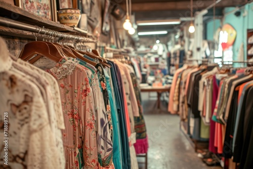 Second hand vintage clothes in a store on sale