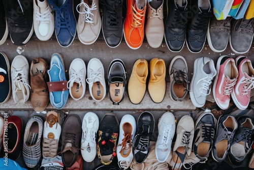 secondhand shopping activities of people selling used shoes minimalism top view