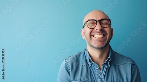 Very happy laughing man with glasses in front of blue background with copy space