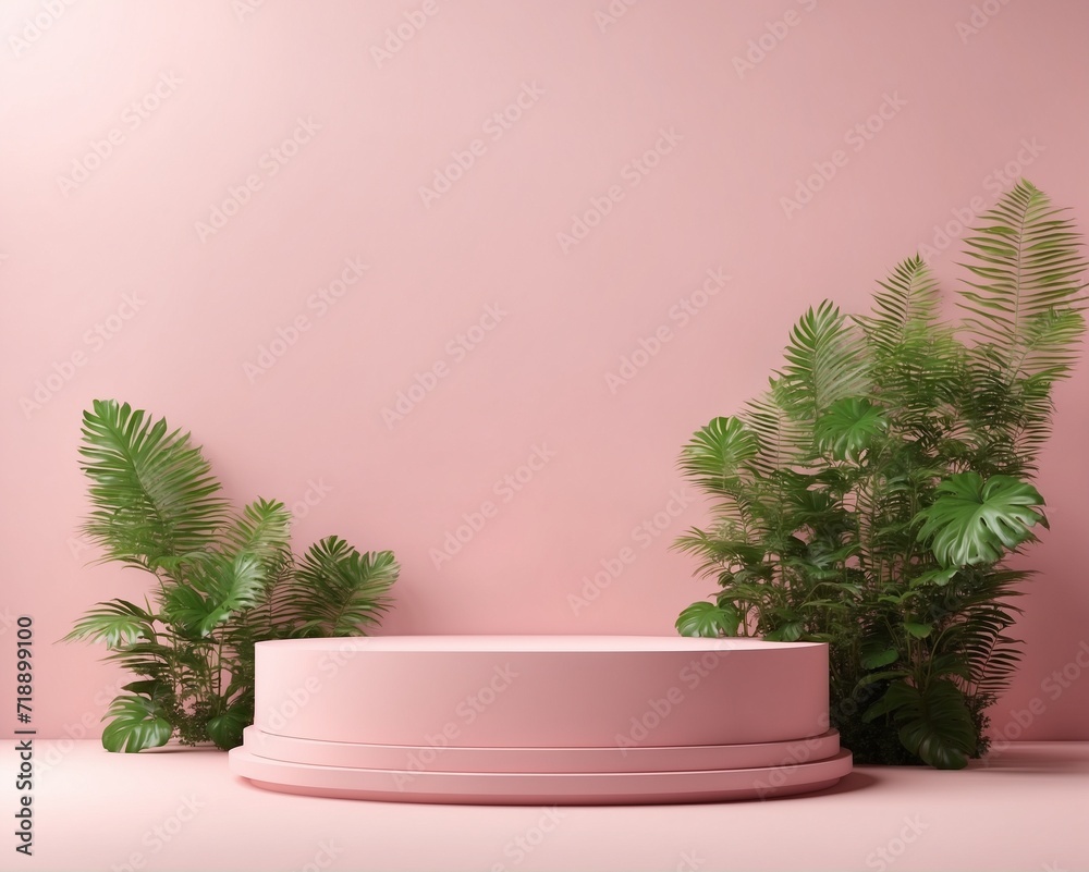 Minimal modern product display on pink, Wooden background for product placement with green plant and copy space, 3d render Minimal modern product display on pink, Wooden background for product placement with green plant and copy space, 3d render