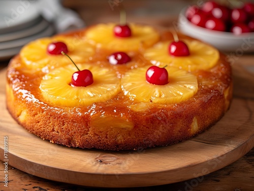 Close-up of a moist pineapple upside down cake with cherries on a wooden board