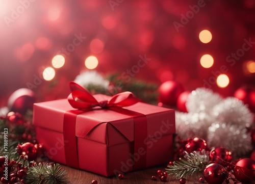 Christmas and valentines day red Gift on festive background. copy space for text

