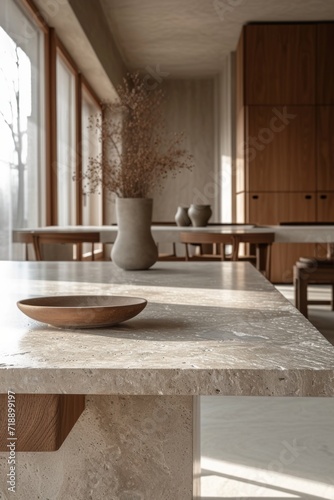 Elegant neo brutalist interior design, concrete table with simple decor