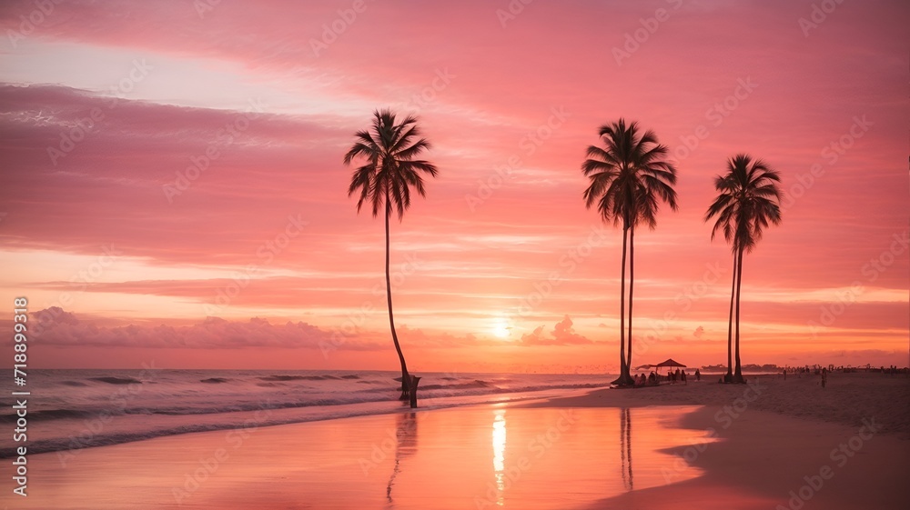 A dreamy beach sunset, with the sky painted in shades of pink and orange, casting a warm glow over the silhouettes of palm trees and beachgoers.
