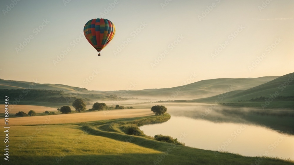 A serene summer morning in the countryside, with rolling hills, a peaceful lake, and a hot air balloon floating in the distance.

