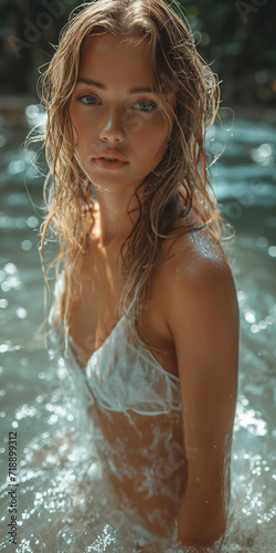 Wunderschönen Frau mit langen Haaren im Bikini schwungvoll im Wasser, ai generativ